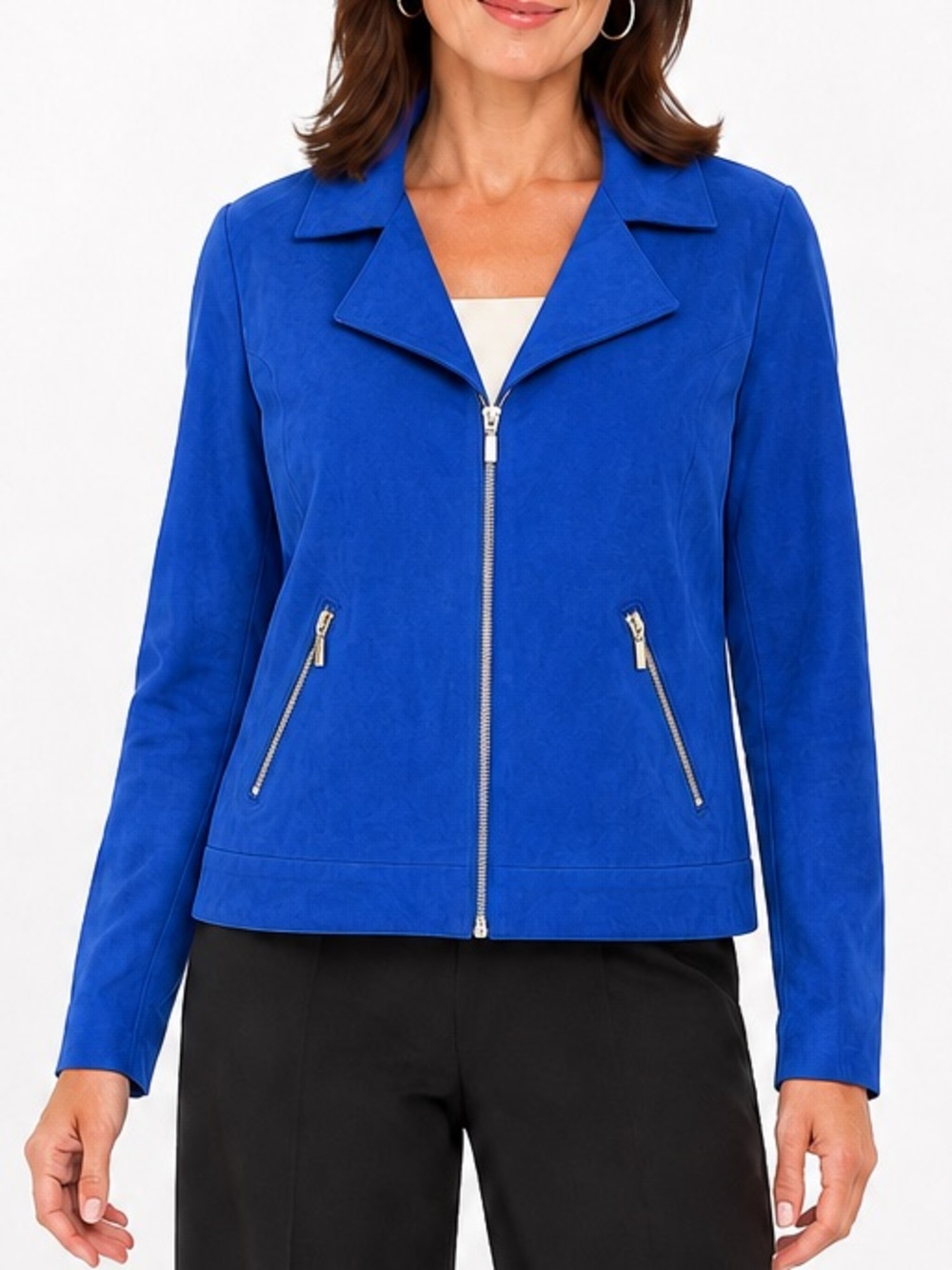 Chico’s Faux Suede Moto Jacket Cobalt Blue Zip Stretch Size 0 S